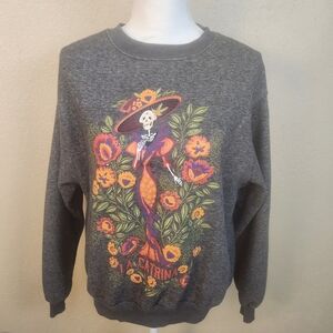 La Catrina Gray Sweatshirt with Colorful Floral Day Of The Dead XS (5876)